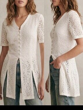 VTG 90s White Crochet Lace Button-Front Top Size 12 Fits Large Romantic Angel
